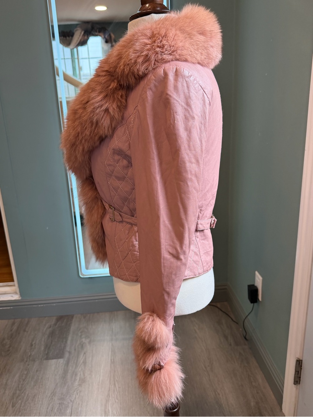 Vintage Pink sheep Leather Fox Fur Jacket XS Y2K Cropped - Picture 4 of 14